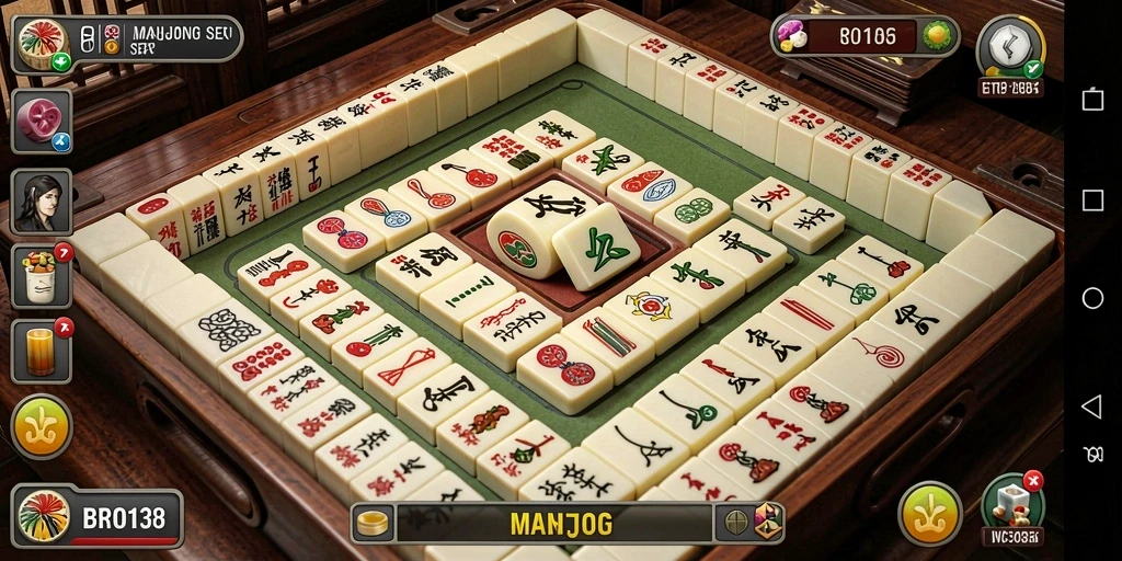 Tampilan gameplay yang seru dalam BRO138, menampilkan ubin Mahjong.