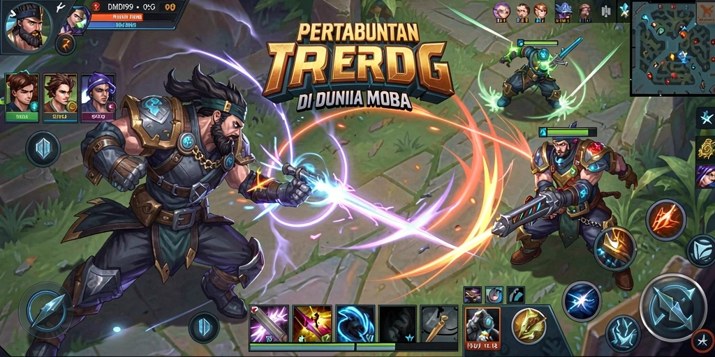 Tampilan intens gameplay MOBA di DMD999 yang menampilkan aksi seru.