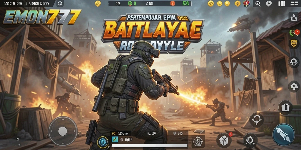 Screenshot gameplay EMON777 menampilkan aksi seru di medan pertempuran Battle Royale.