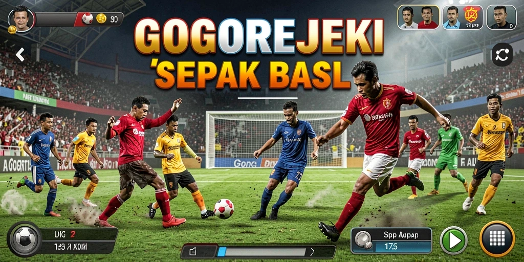 Tampilan screenshot GOGOREJEKI menampilkan aksi pertandingan sepak bola yang mendebarkan.