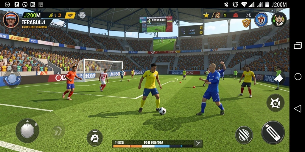 Tampilan gameplay J200M dengan aksi sepak bola yang menegangkan.
