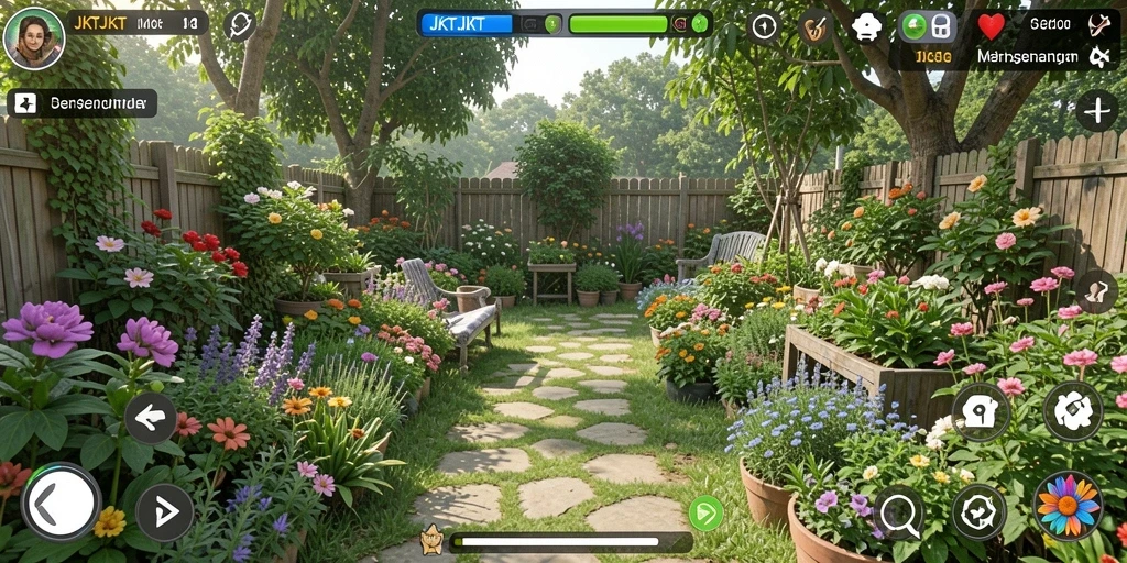 Tampilan gameplay JKTJKT dengan aktivitas berkebun yang menarik.