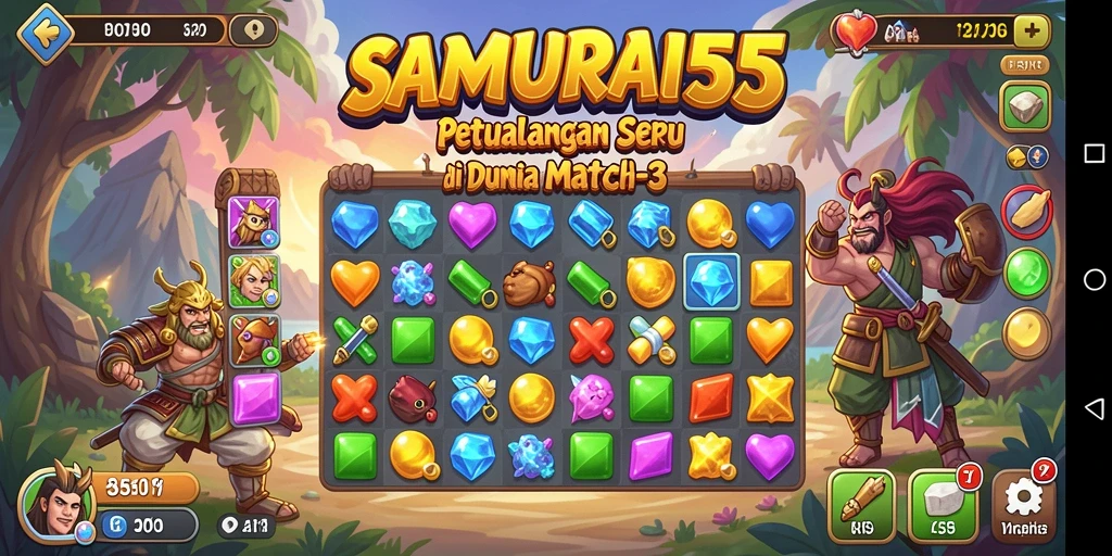 Tampilan gameplay SAMURAI555 yang penuh warna dalam tantangan Match-3.