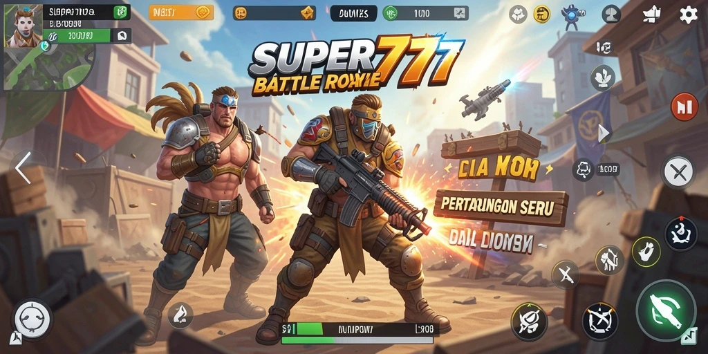 Tangkapan layar SUPER777 menampilkan aksi Battle Royale yang intens dan mendebarkan.