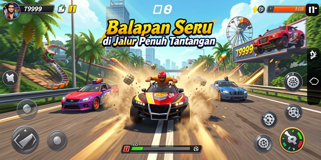 Tangkapan layar T9999 menampilkan aksi balapan menegangkan di lintasan berliku.