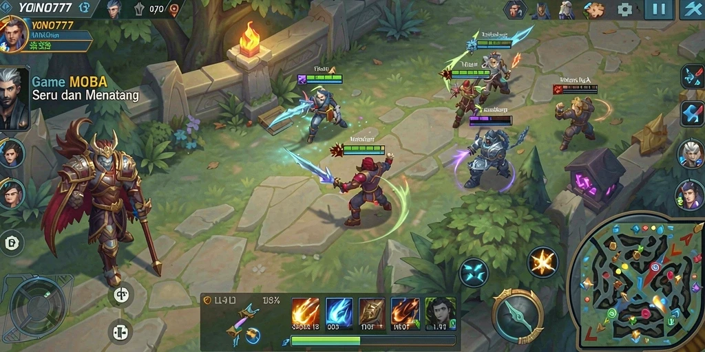 Tangkapan layar YONO777 menampilkan aksi intens dalam pertempuran MOBA.